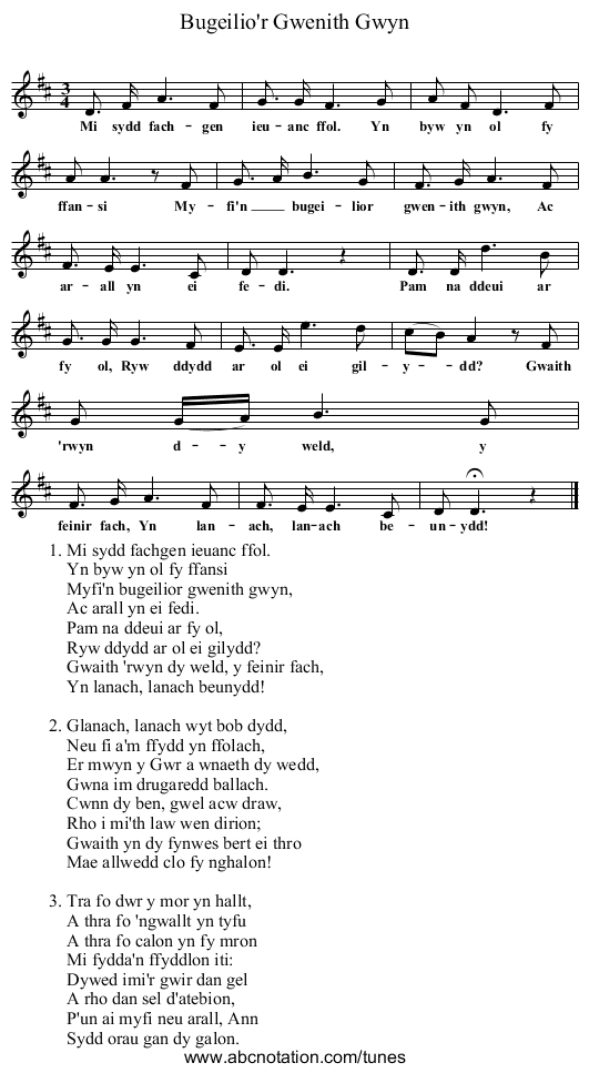 Bugeilio'r Gwenith Gwyn - staff notation