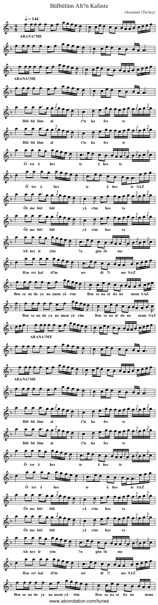 Bülbülüm Alt?n Kafeste - staff notation