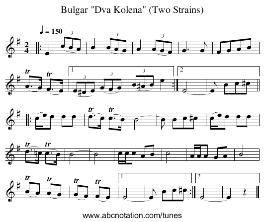 Bulgar Dva Kolena (Two Strains) - staff notation