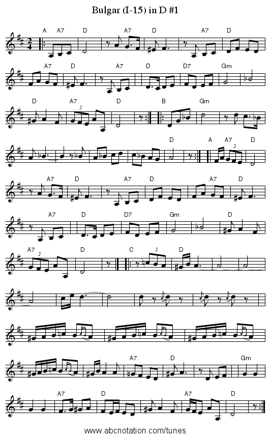 Bulgar (I-15) in D #1 - staff notation