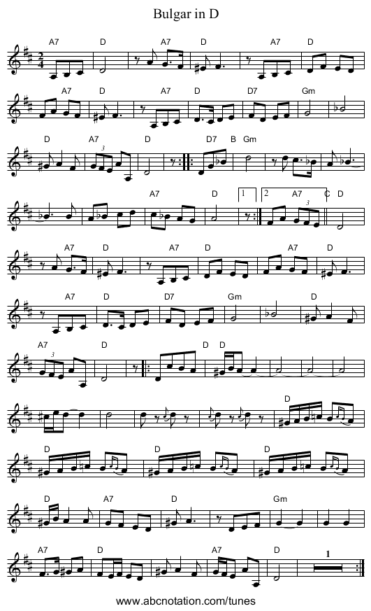 Bulgar in D - staff notation