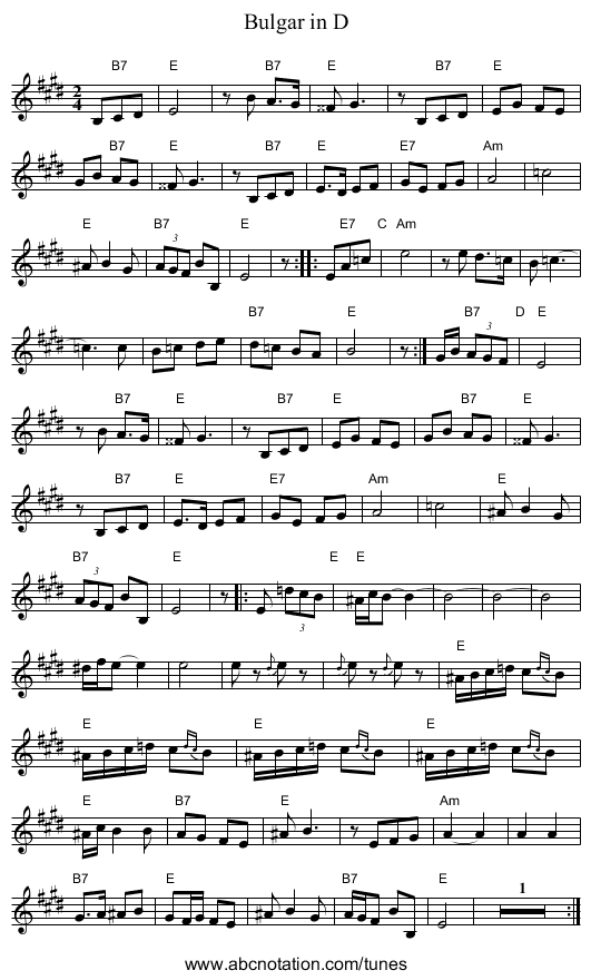 Bulgar in D - staff notation