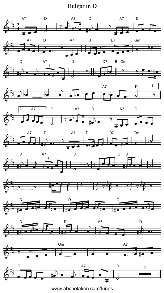 Bulgar in D - staff notation