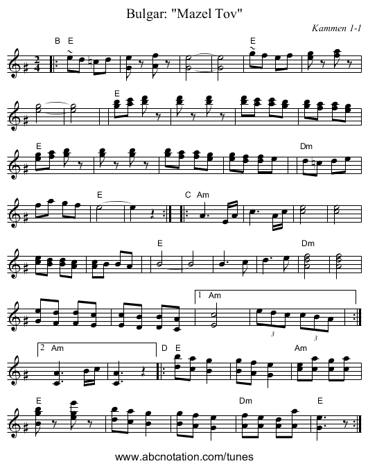 Bulgar: Mazel Tov - staff notation