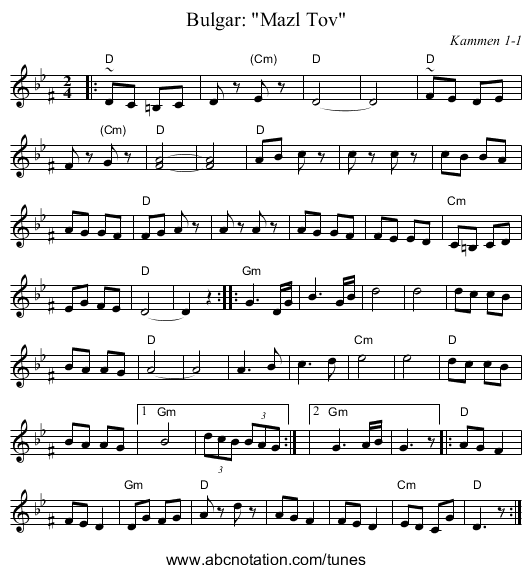 Bulgar: Mazl Tov - staff notation