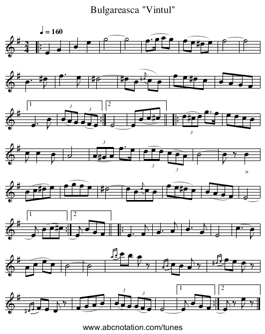 Bulgareasca Vintul - staff notation