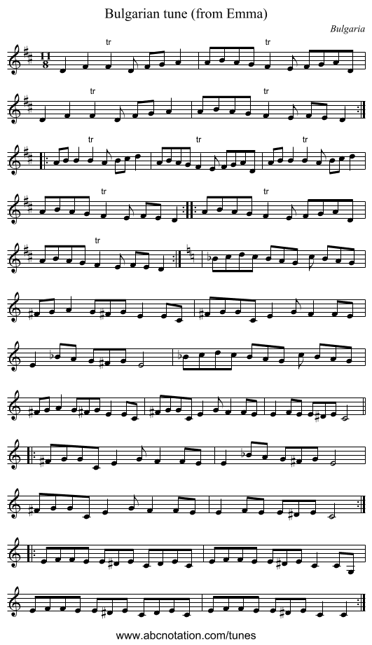 Bulgarian tune (from Emma) - staff notation