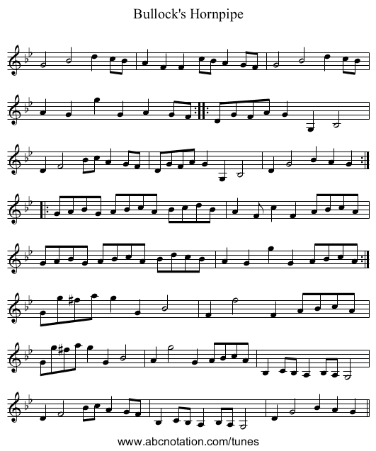 Bullock's Hornpipe - staff notation