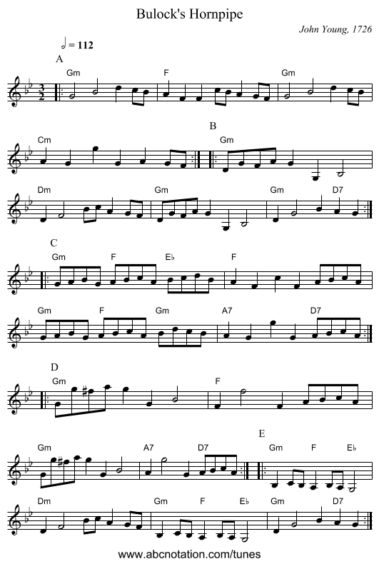Bulock's Hornpipe - staff notation