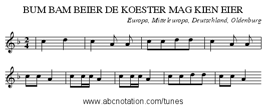 BUM BAM BEIER DE KOESTER MAG KIEN EIER - staff notation