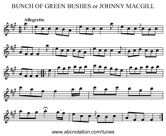 BUNCH OF GREEN BUSHES or JOHNNY MACGILL - staff notation
