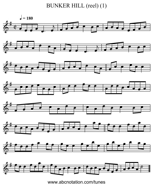 BUNKER HILL (reel) (1) - staff notation
