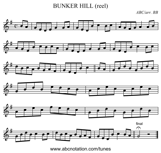 BUNKER HILL (reel) - staff notation