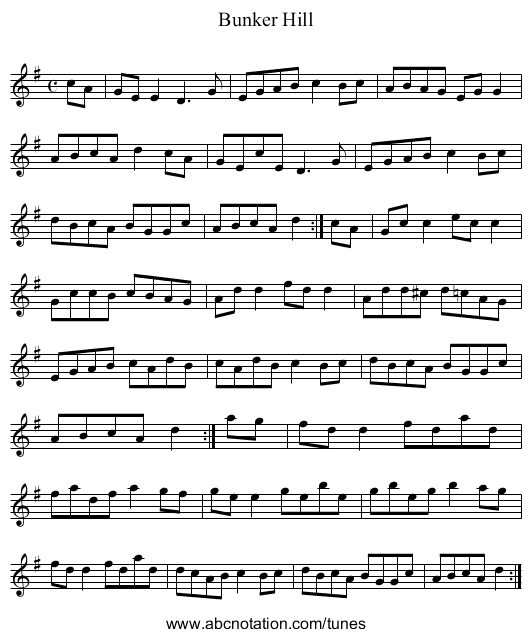 Bunker Hill - staff notation