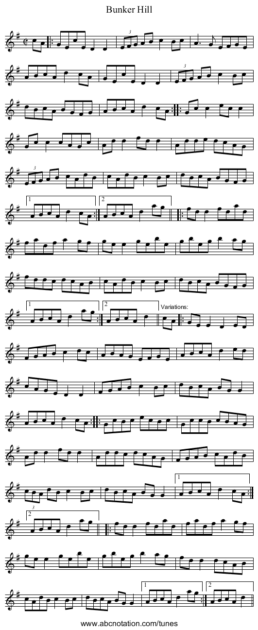 Bunker Hill - staff notation