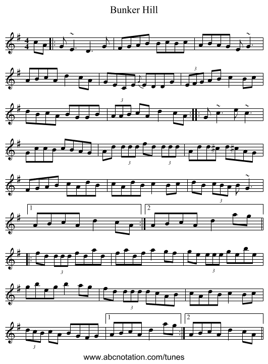 Bunker Hill - staff notation