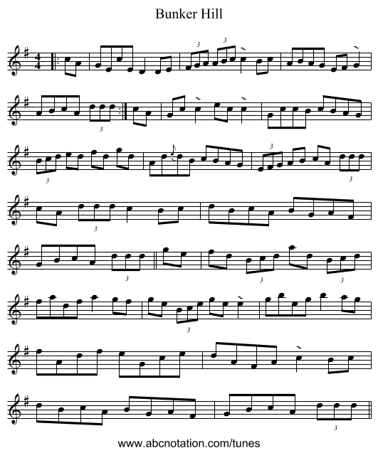 Bunker Hill - staff notation