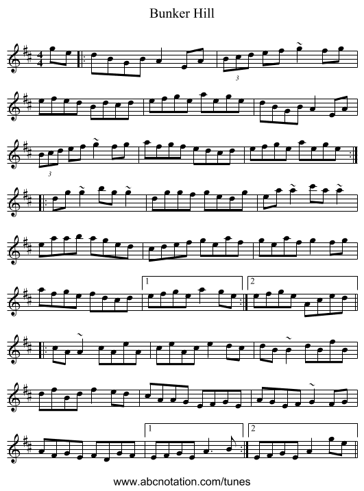 Bunker Hill - staff notation