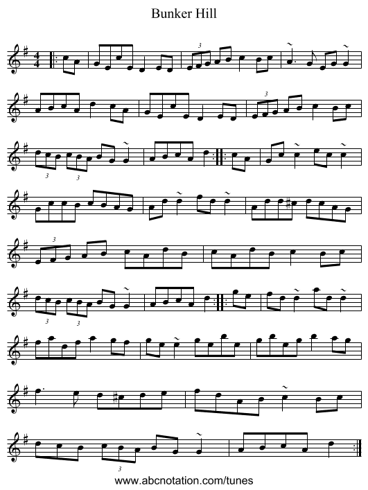Bunker Hill - staff notation