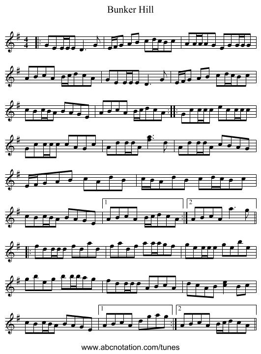 Bunker Hill - staff notation