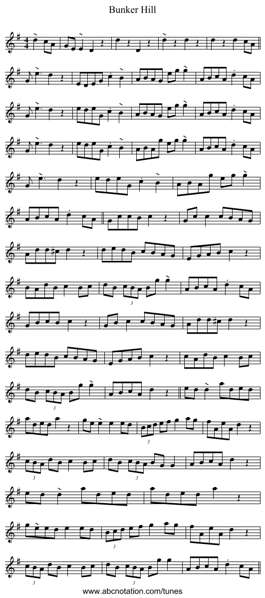 Bunker Hill - staff notation