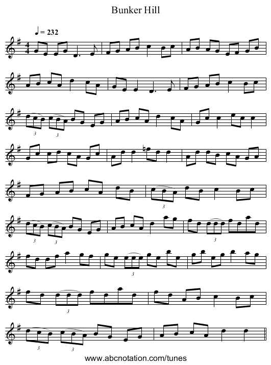 Bunker Hill - staff notation