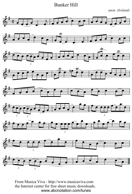 Bunker Hill - staff notation