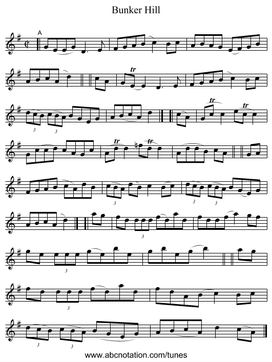 Bunker Hill - staff notation