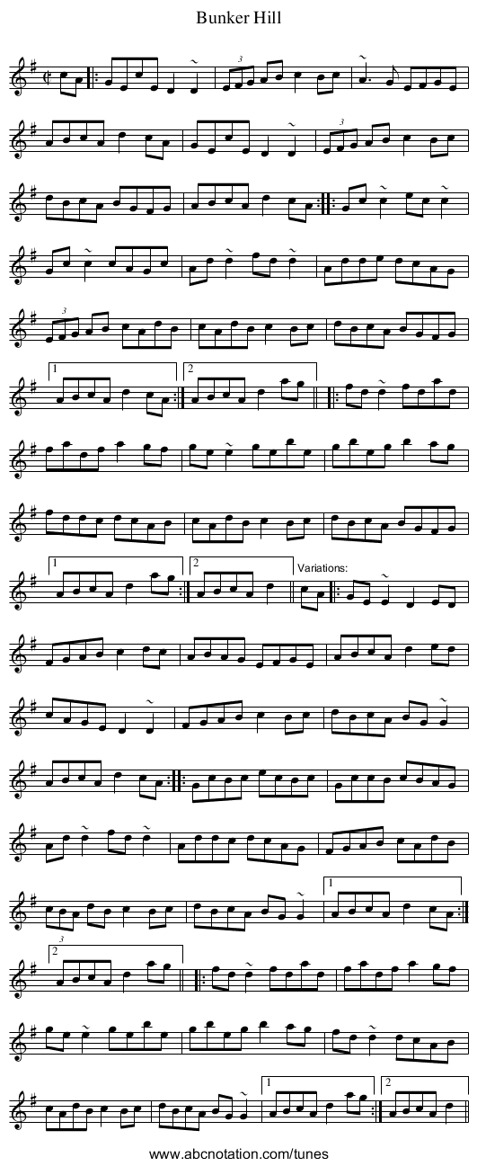Bunker Hill - staff notation