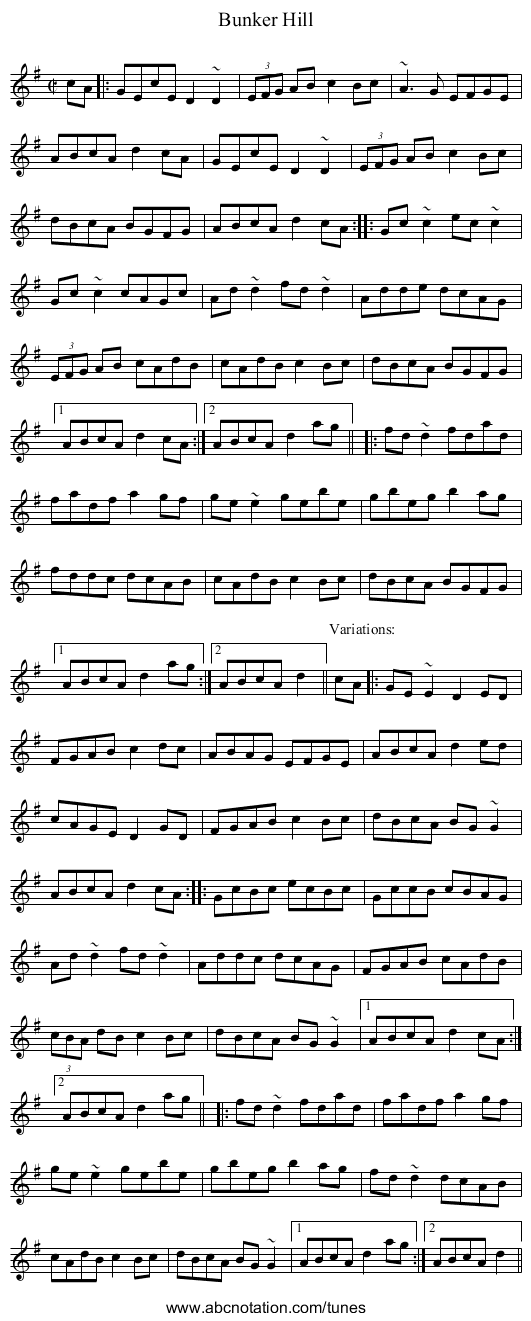 Bunker Hill - staff notation