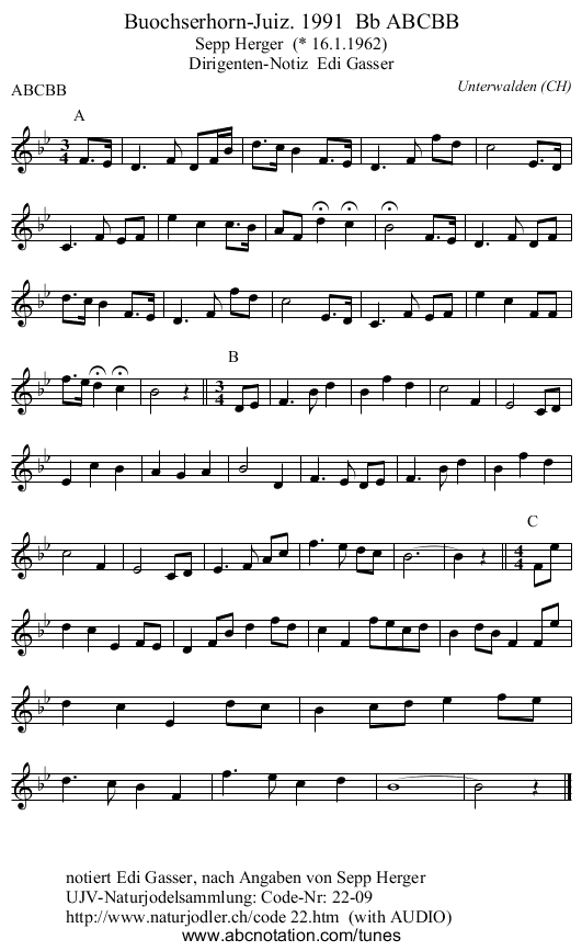 Buochserhorn-Juiz. 1991 Bb ABCBB - staff notation