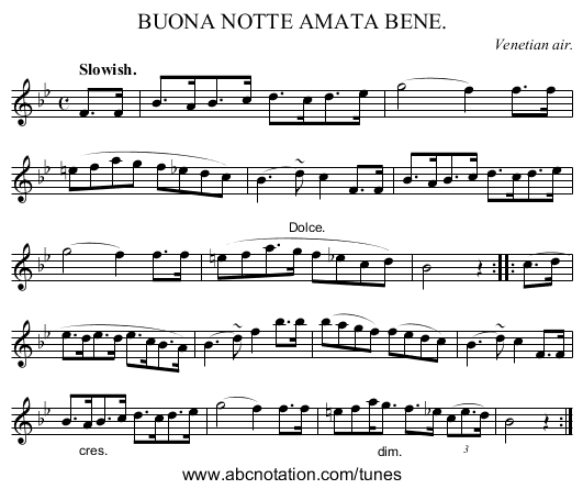 BUONA NOTTE AMATA BENE. - staff notation