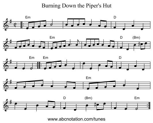 Burning Down the Piper's Hut - staff notation