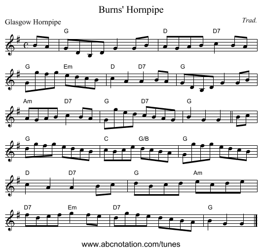 Burns' Hornpipe - staff notation