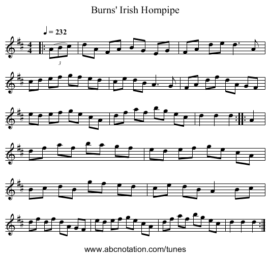 Burns' Irish Hornpipe - staff notation