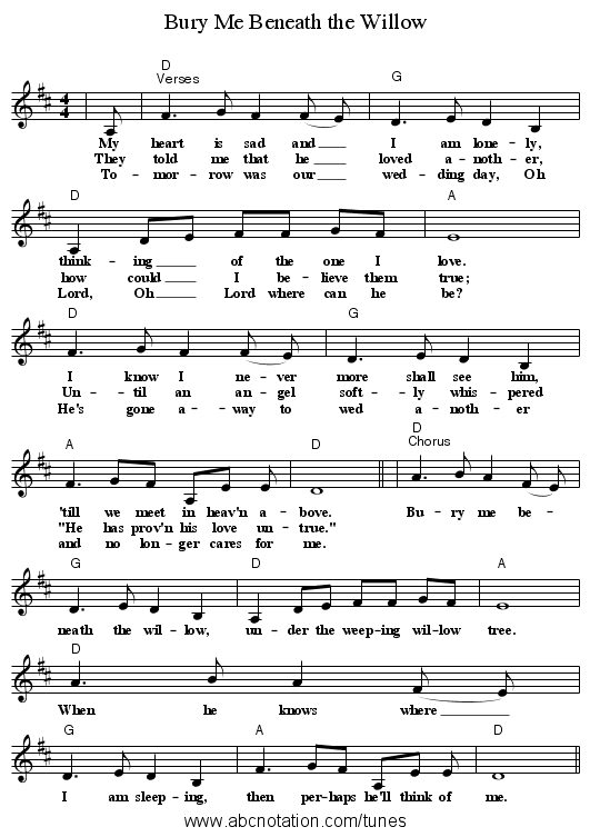 Bury Me Beneath the Willow - staff notation