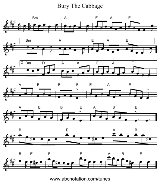 Bury The Cabbage - staff notation