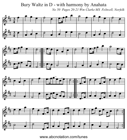 Bury Waltz in D - with harmony by Anahata - staff notation