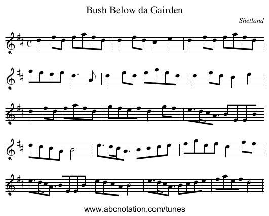 Bush Below da Gairden - staff notation