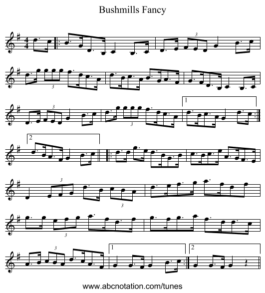 Bushmills Fancy - staff notation