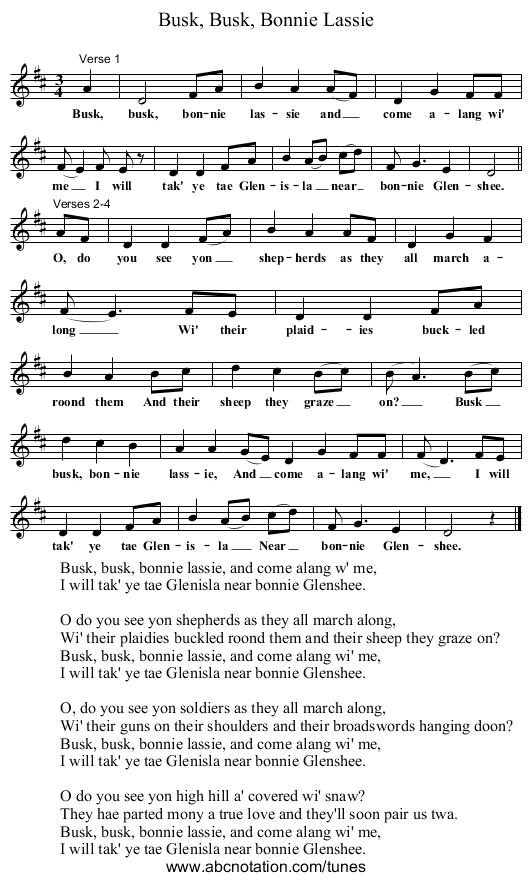 Busk, Busk, Bonnie Lassie - staff notation