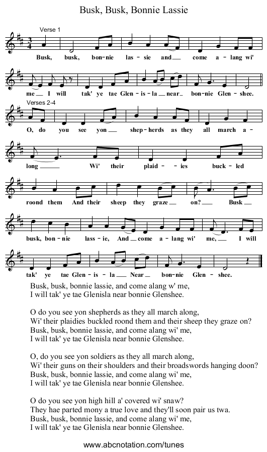 Busk, Busk, Bonnie Lassie - staff notation