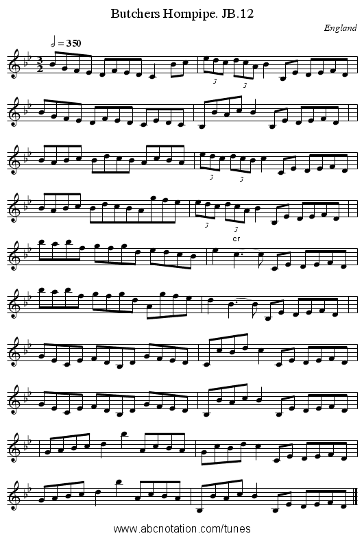 Butchers Hornpipe. JB.12 - staff notation