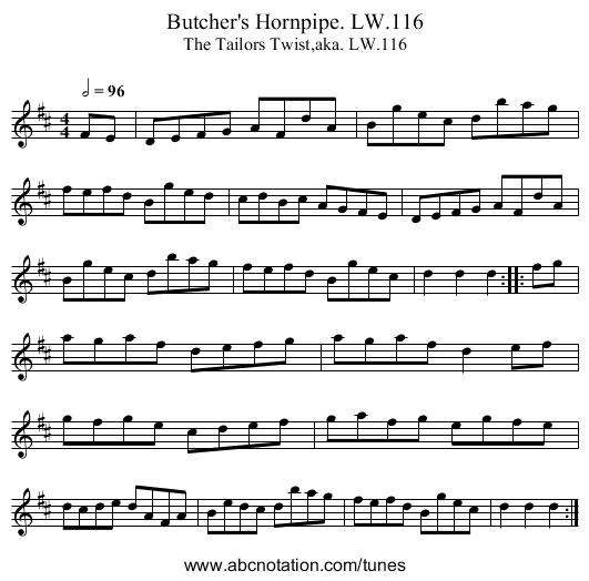 Butcher's Hornpipe. LW.116 - staff notation
