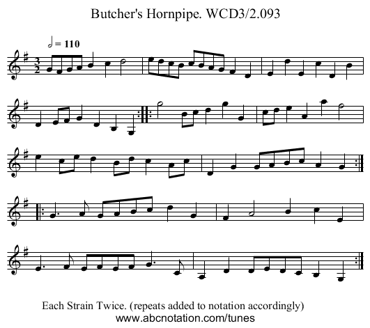 Butcher's Hornpipe. WCD3/2.093 - staff notation