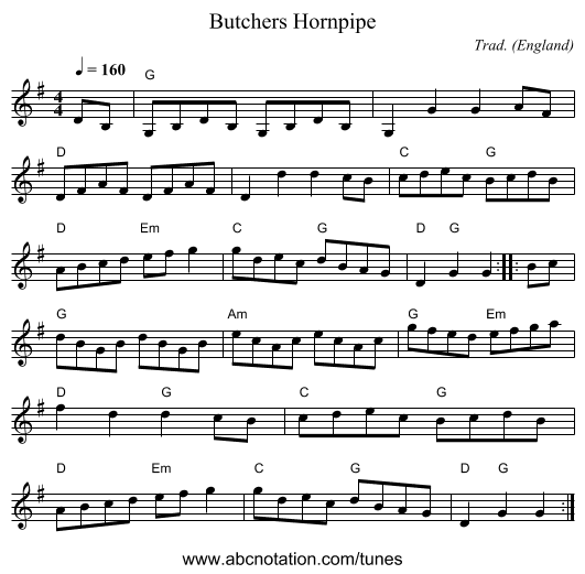 Butchers Hornpipe - staff notation