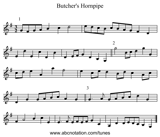 Butcher's Hornpipe - staff notation