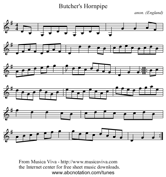 Butcher's Hornpipe - staff notation