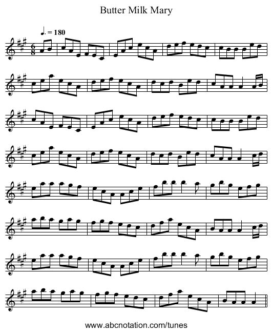 Butter Milk Mary - staff notation