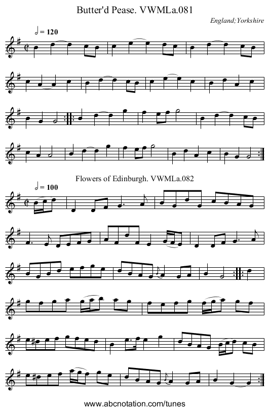 Butter'd Pease. VWMLa.081 - staff notation